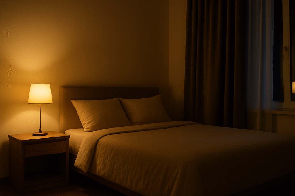 Dormitorio con luz cálida tenue y oscuridad controlada: ejemplo de ambiente para conciliar el sueño más rápido.